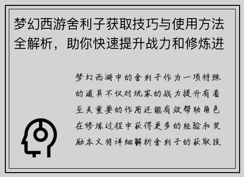 梦幻西游舍利子获取技巧与使用方法全解析，助你快速提升战力和修炼进度